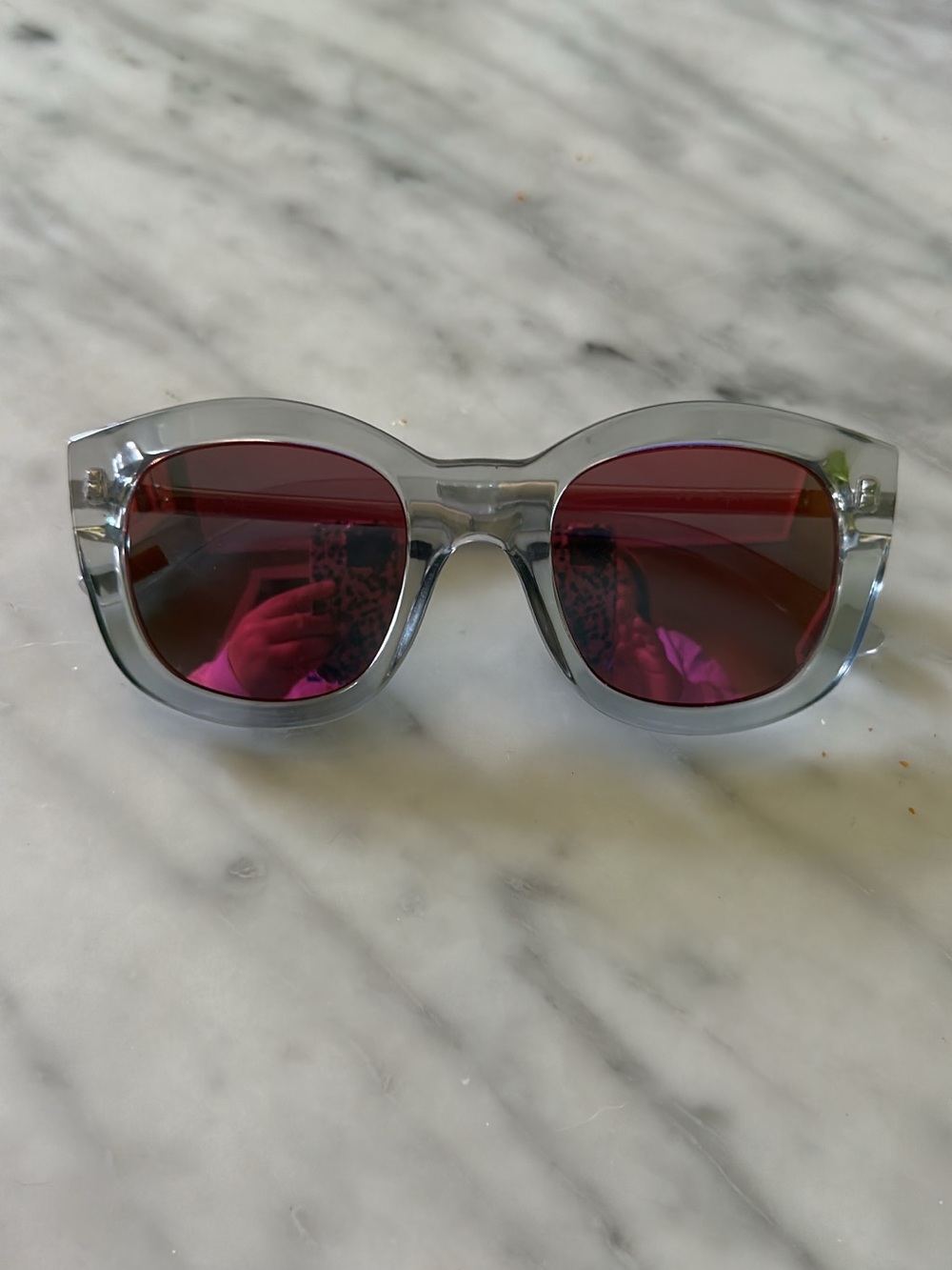 Le Specs Clear Frame Sunglasses with Pink Lenses